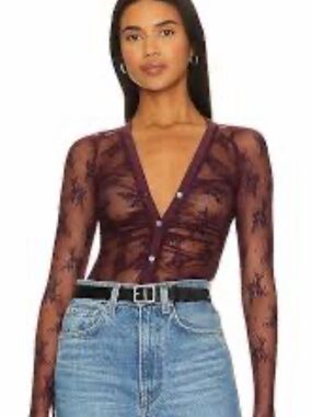 Free People Sheer Lace Button-Front Bodysuit - Brown  NWOT
